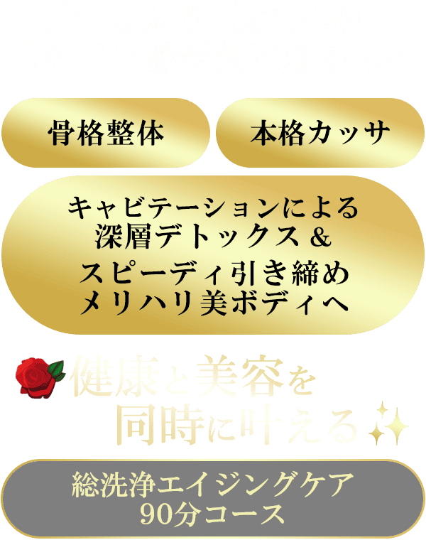 更年期太り･慢性不調･見た目年齢が気になる方へ。骨格整体×本格カッサ×キャビテーションによる深層デトックス＆スピーディ引き締めメリハリ美ボディへ。健康と美容を同時に叶える【総洗浄エイジングケア90分コース】